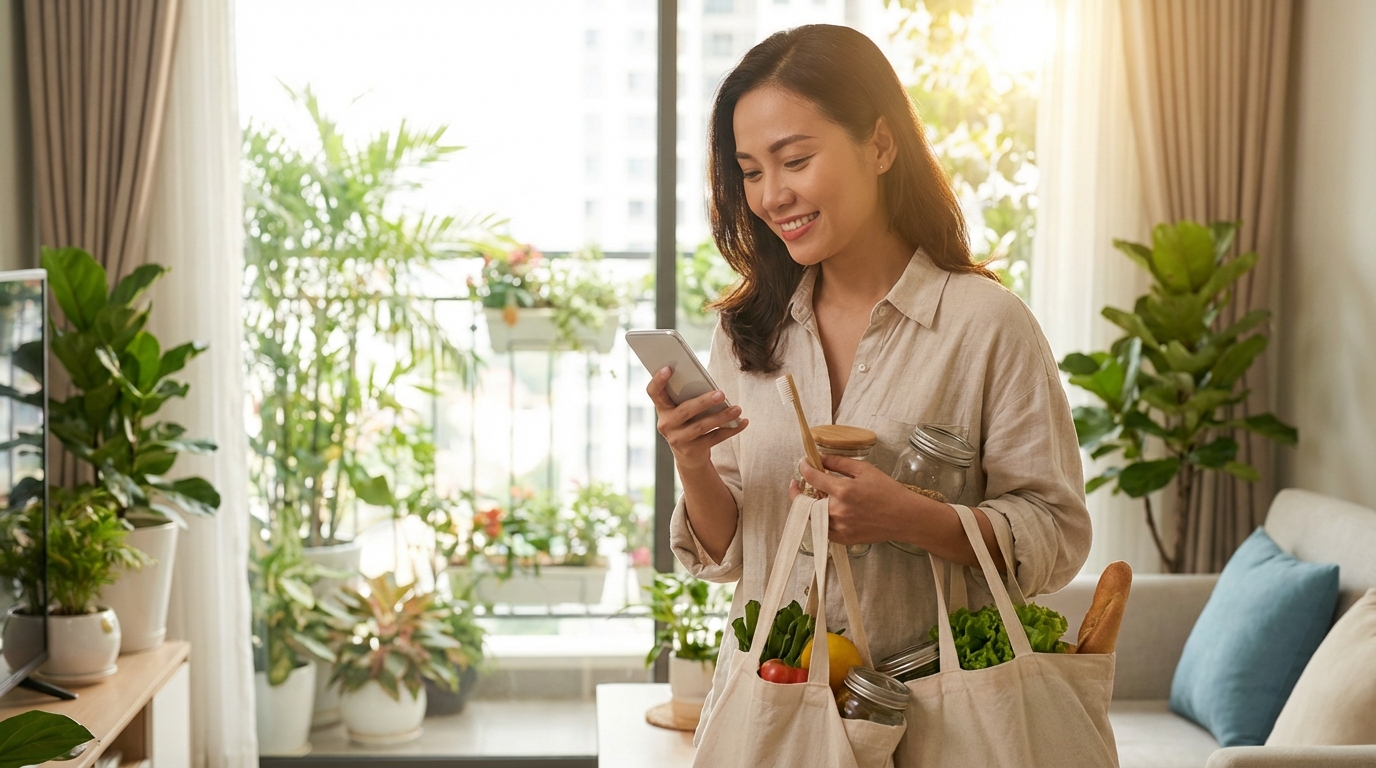 Phụ nữ Việt hiện đại với túi mua sắm eco và sản phẩm xanh, tiêu dùng thông minh 2026