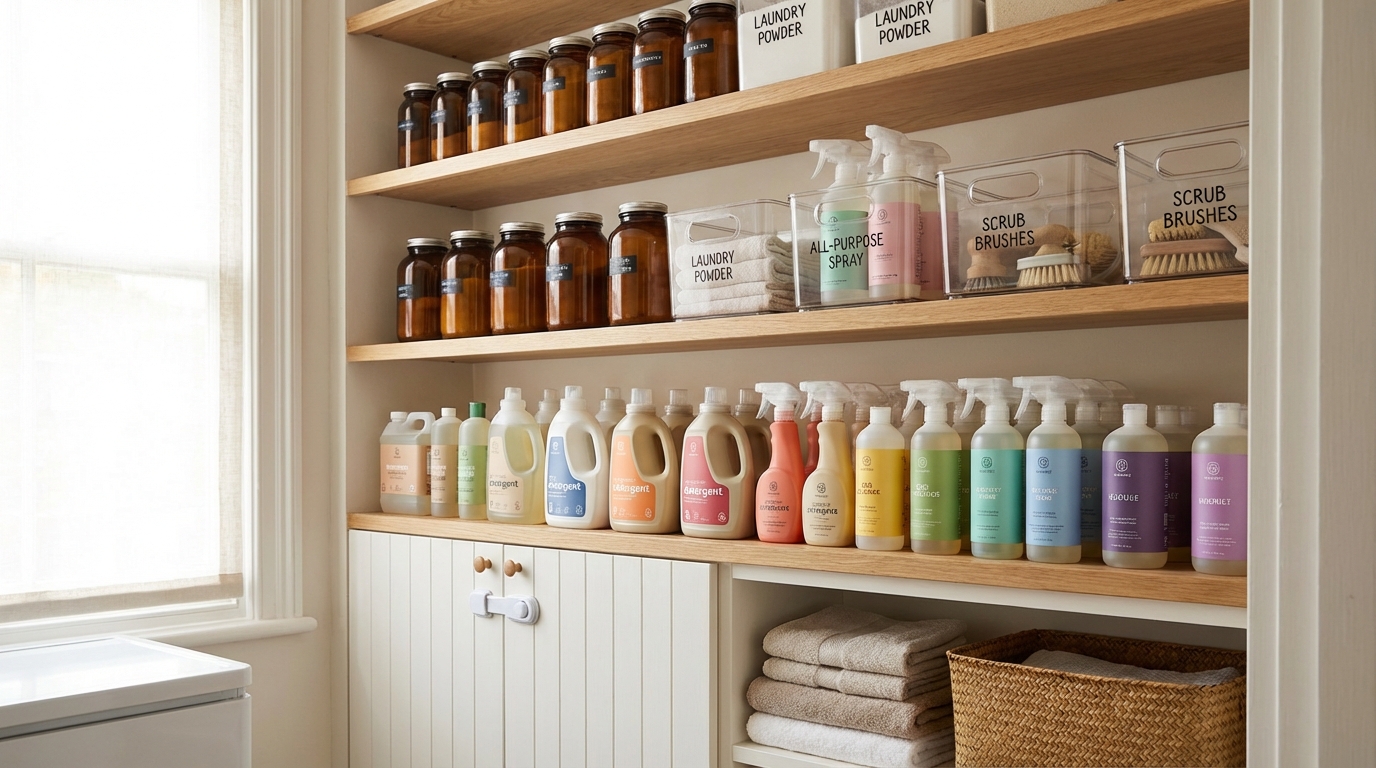 Kệ lưu trữ sản phẩm tẩy rửa gọn gàng, có nhãn, phân loại theo khu vực sử dụng