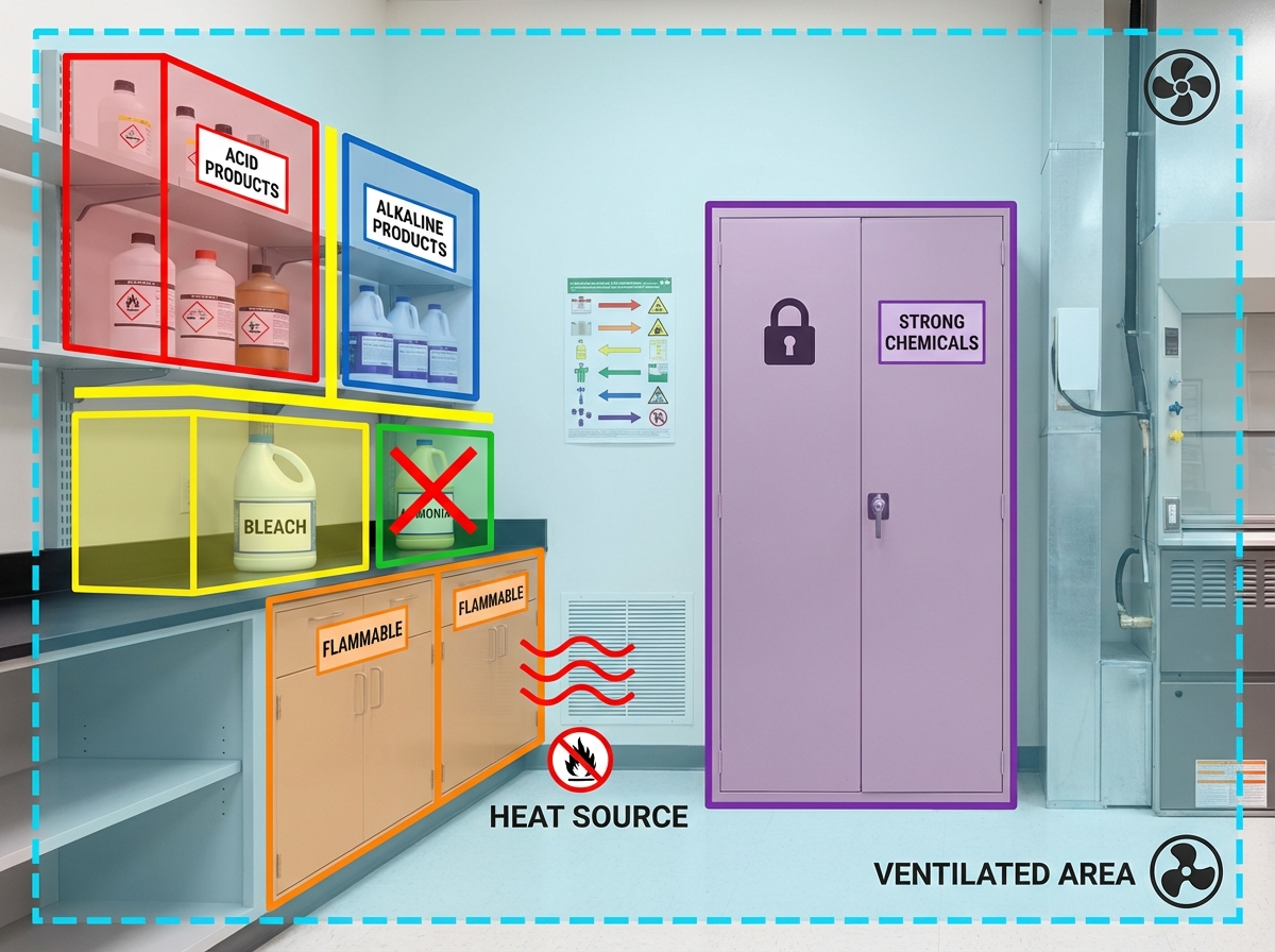 Sơ đồ lưu trữ sản phẩm tẩy rửa: phân vùng và hóa chất không để cạnh nhau