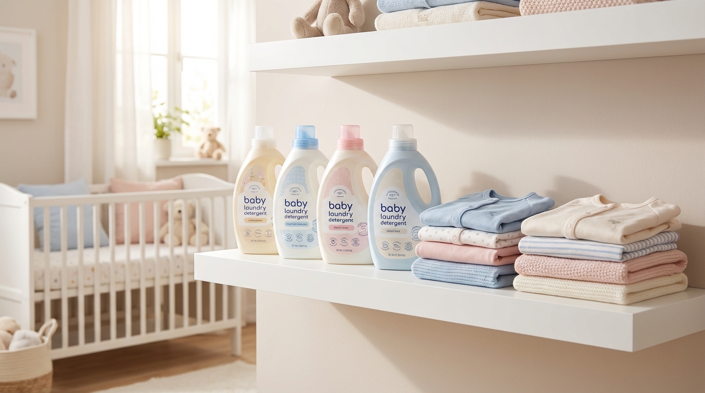 Top 5 chai nước giặt cho bé xếp hàng trên kệ, bên cạnh quần áo trẻ em gấp gọn