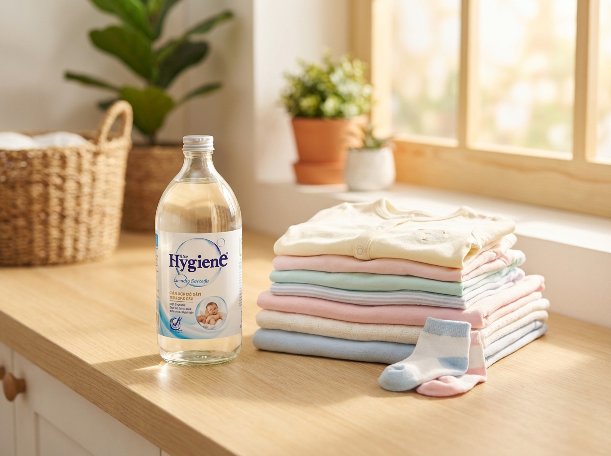 Chai nước giặt Hygiene đặt cạnh quần áo bé sạch thơm gấp gọn gàng