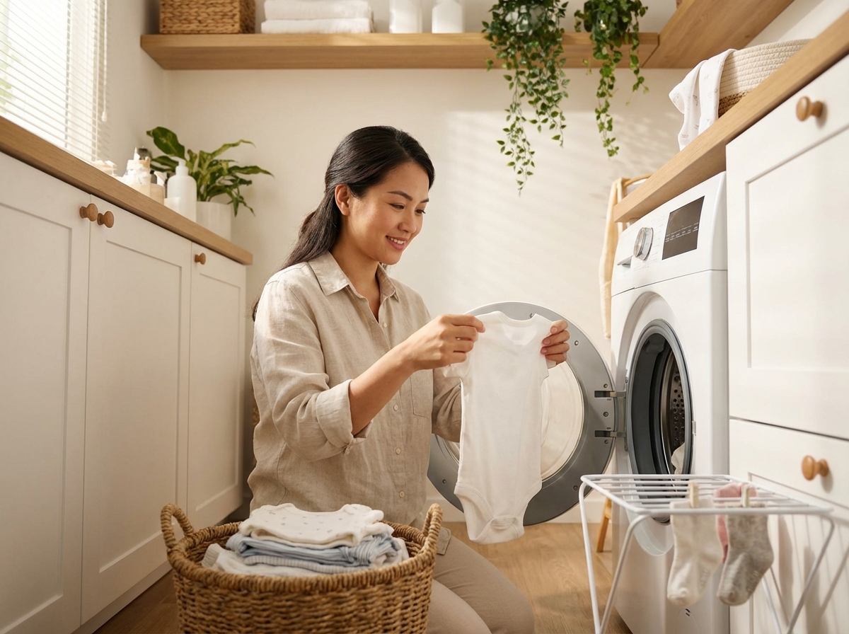 Mẹ Việt mỉm cười khi giặt đồ cho bé tại máy giặt trong phòng giặt sạch sẽ