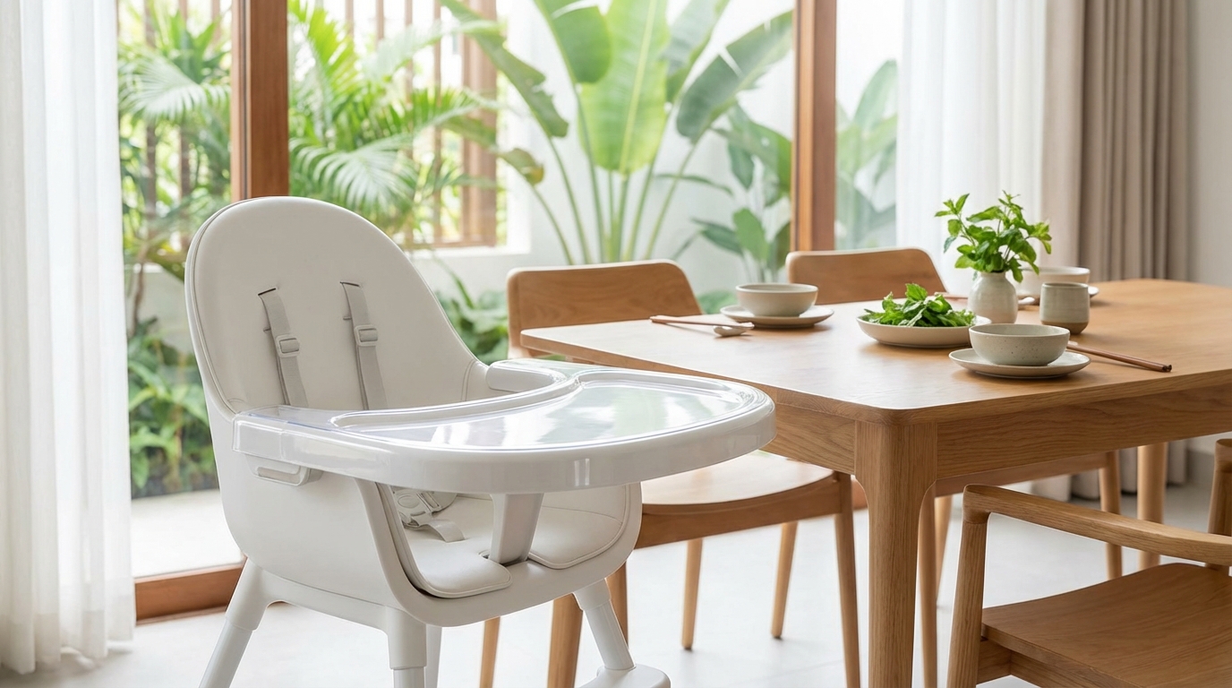 Ghế ăn dặm sạch bóng, gọn gàng sẵn sàng cho bé ngồi ăn