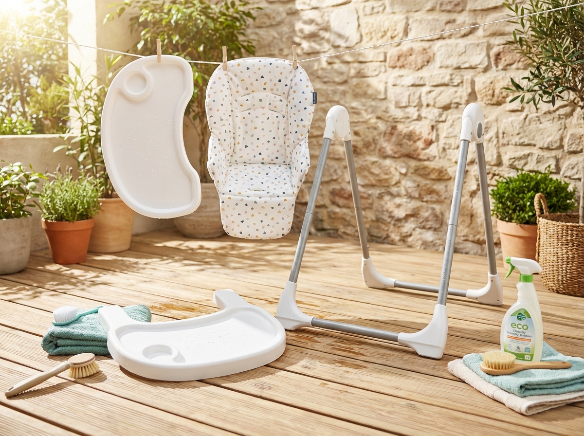 Các bộ phận ghế ăn dặm tháo rời, rửa sạch, phơi khô hoàn toàn