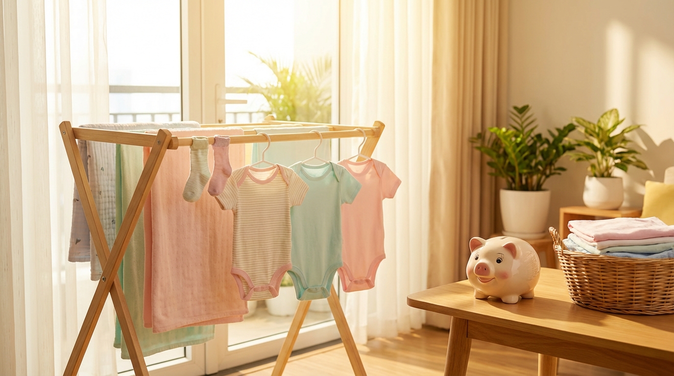 Quần áo bé sạch thơm phơi gọn gàng bên heo đất tiết kiệm