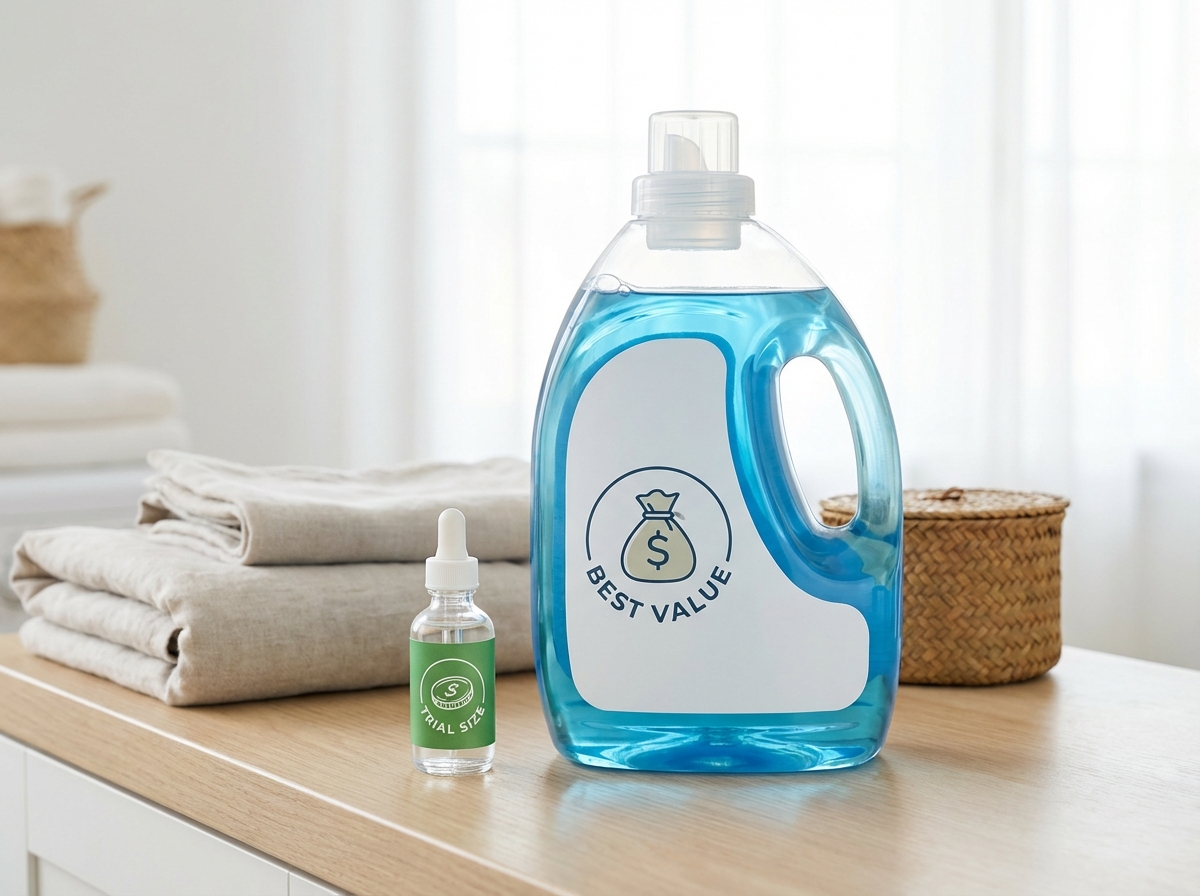 Chai nước giặt lớn bên cạnh chai nhỏ so sánh giá tiết kiệm khi mua chai lớn