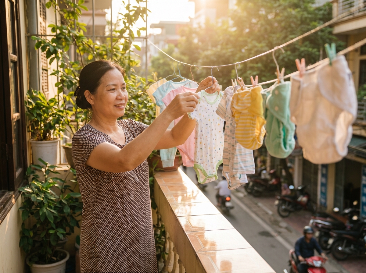 Mẹ Việt phơi quần áo bé trên ban công dưới ánh nắng ấm áp