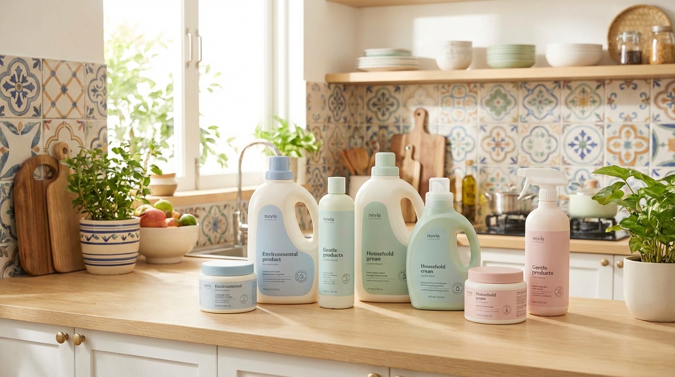 Sản phẩm vệ sinh dịu nhẹ hypoallergenic trên bàn bếp gia đình Việt Nam