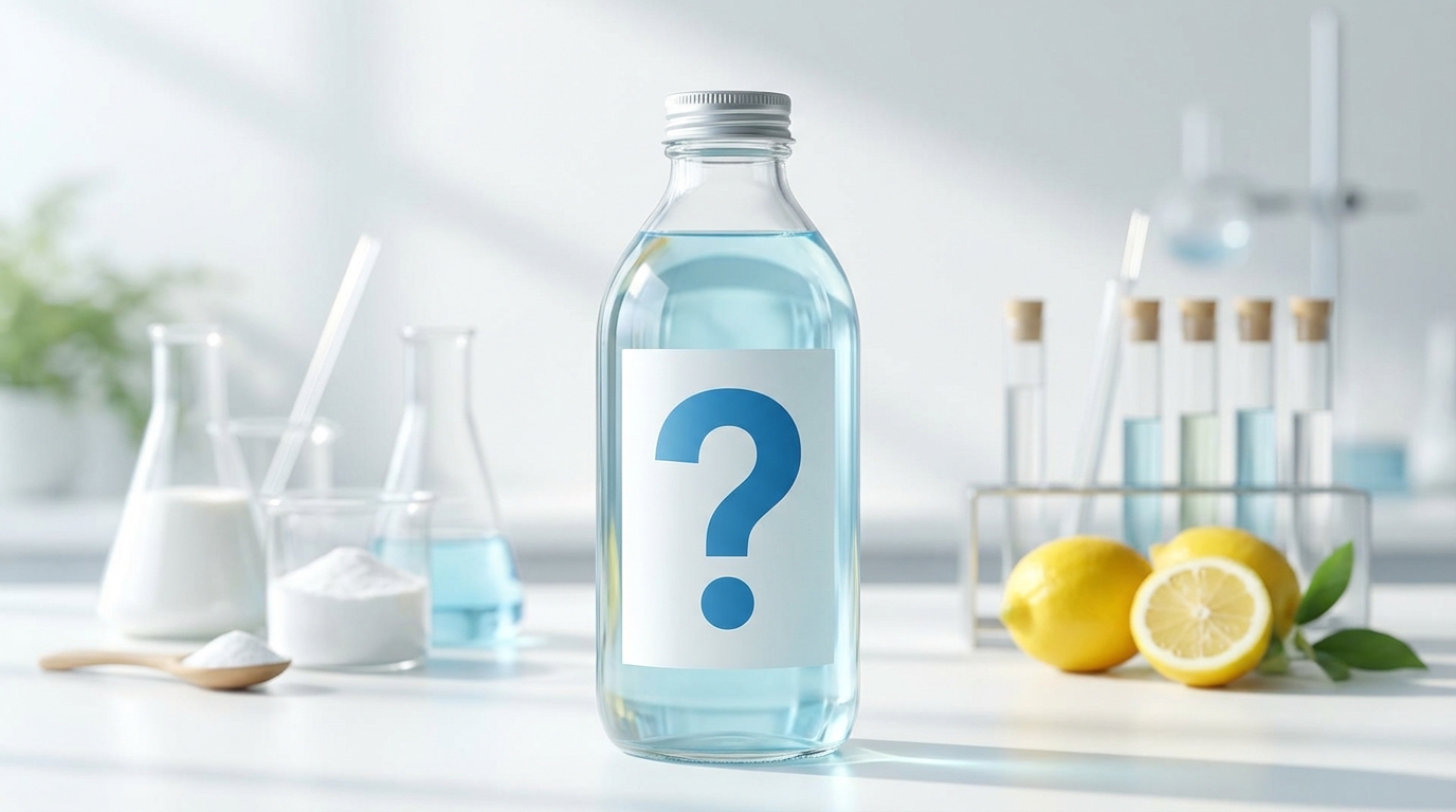 Chai nước giặt với biểu tượng câu hỏi, tìm hiểu sự thật về hóa chất trong nước giặt