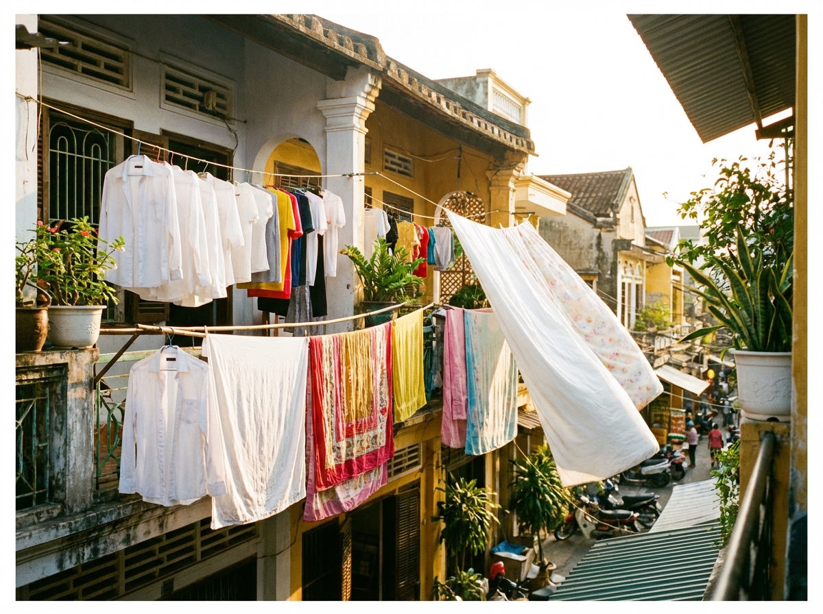 Quần áo sạch phơi nắng trên ban công, kết quả của việc giặt đúng cách an toàn