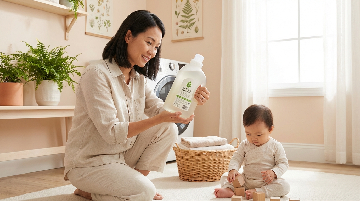 Mẹ Việt đọc nhãn nước giặt cẩn thận trong khi bé chơi gần bên