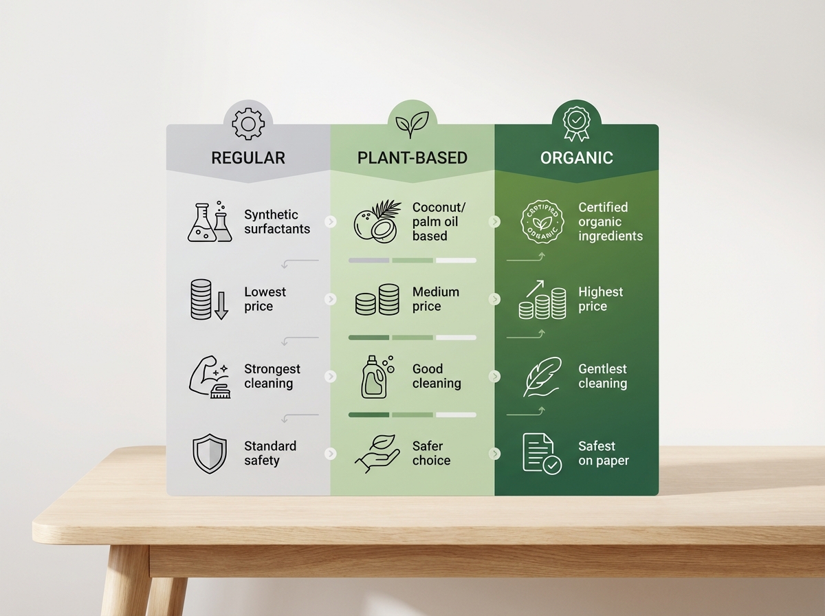 So sánh nước giặt thường, gốc thực vật và organic