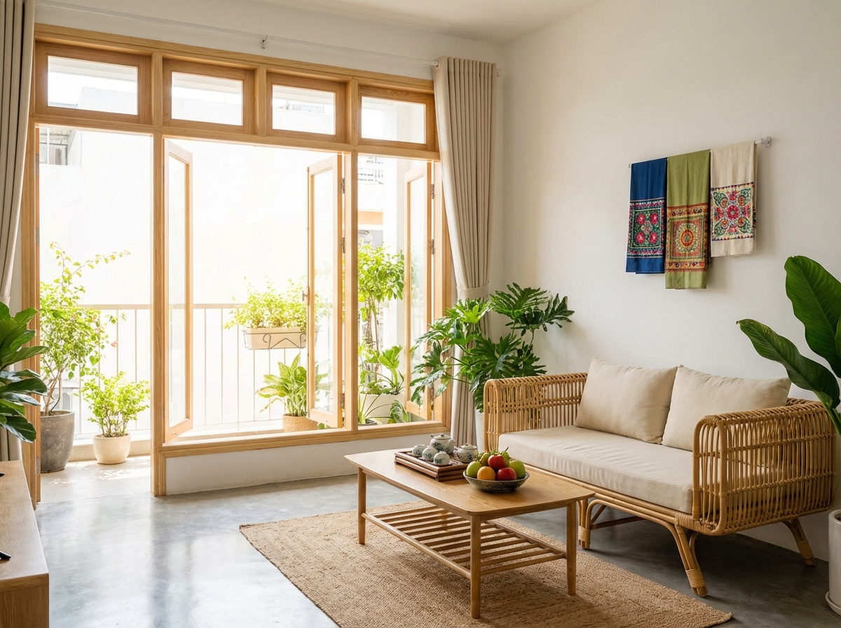 Phòng khách sạch sẽ thoáng mát sau khi dọn dẹp
