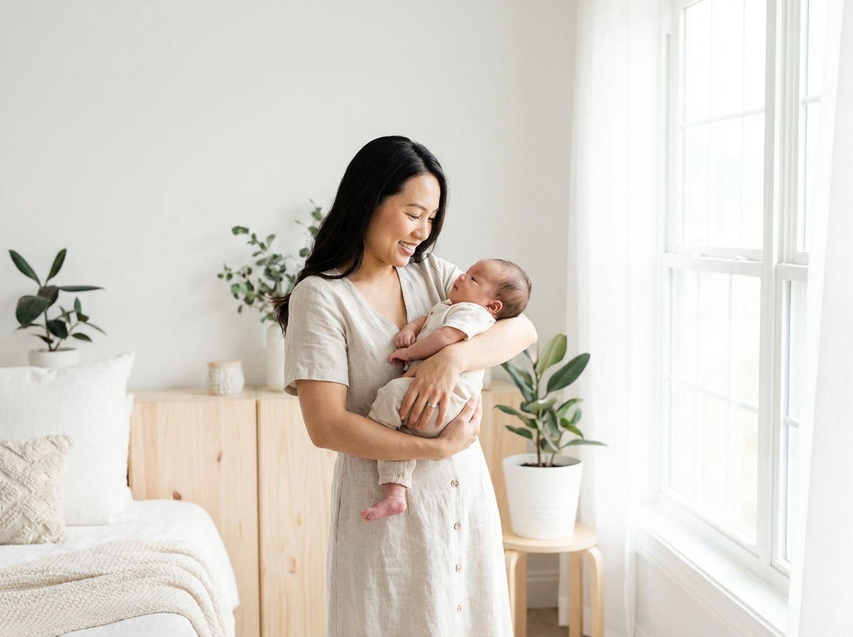 Mẹ và bé trong căn phòng sạch sẽ, không khí dễ chịu