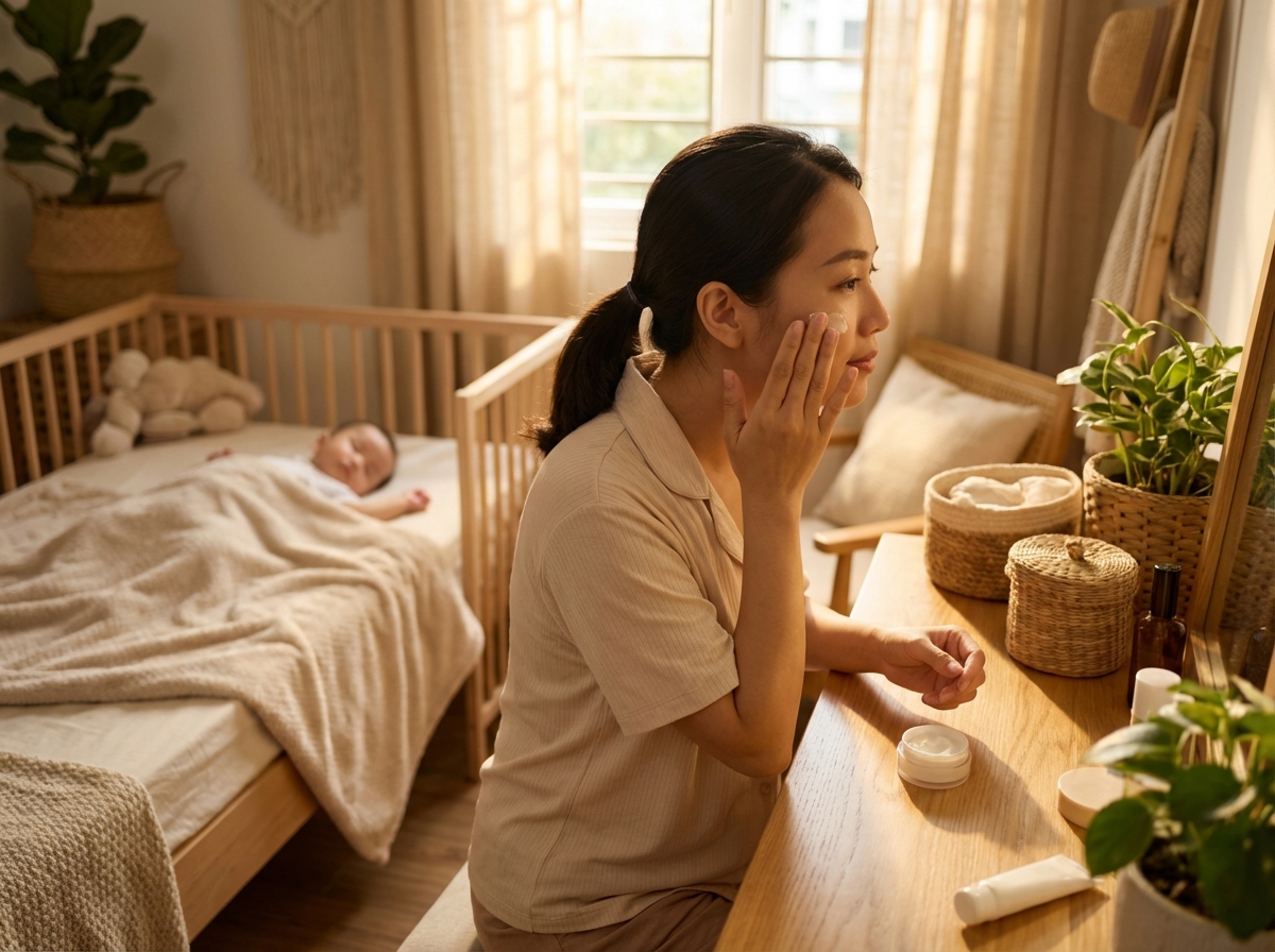 Mẹ thoa kem dưỡng da trong lúc bé ngủ, khoảnh khắc me-time
