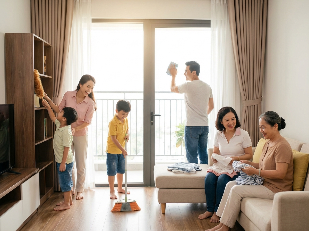 Gia đình cùng nhau dọn nhà vui vẻ
