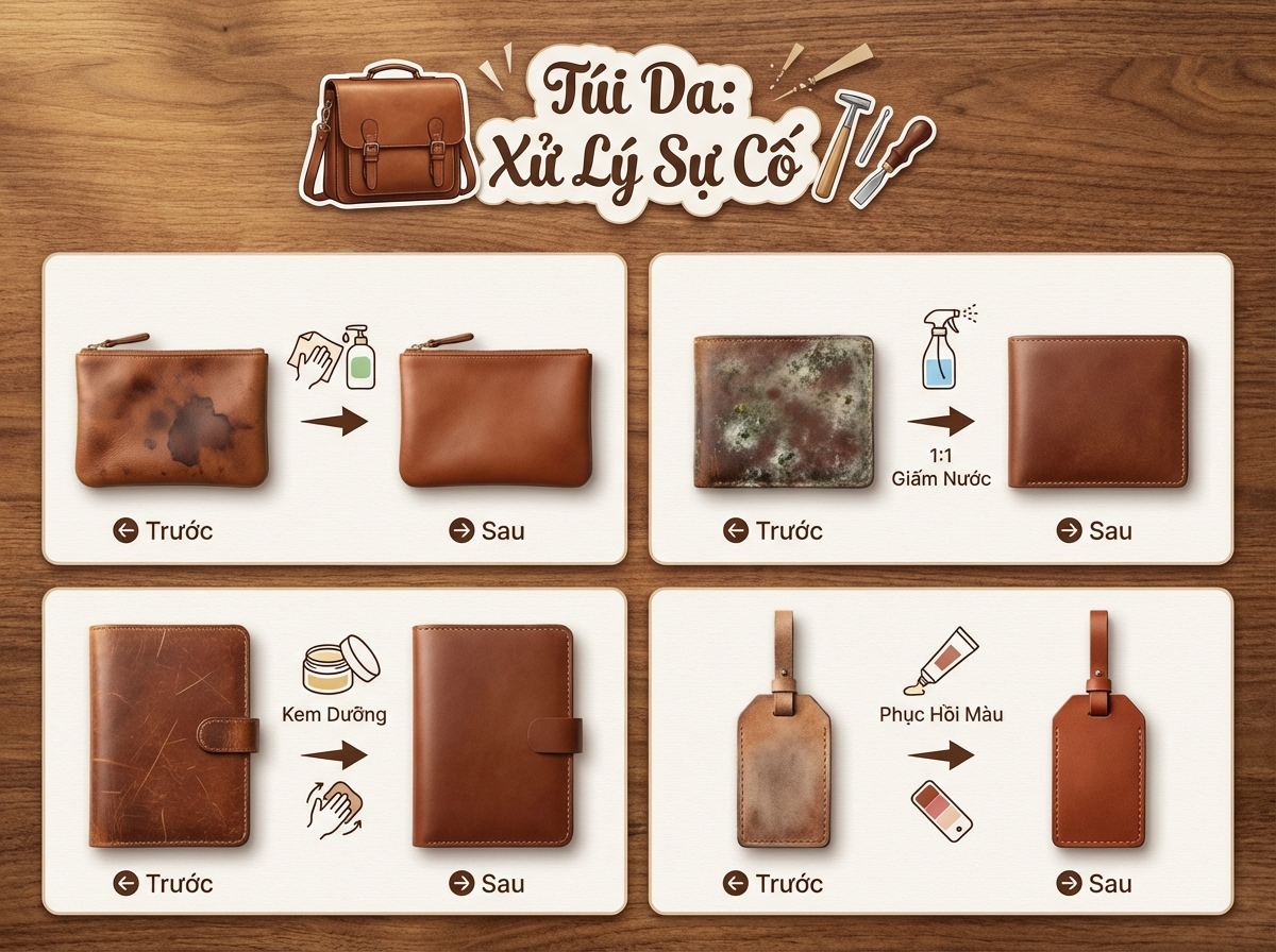 Hướng dẫn xử lý sự cố túi da: vết bẩn mốc trầy xước phai màu