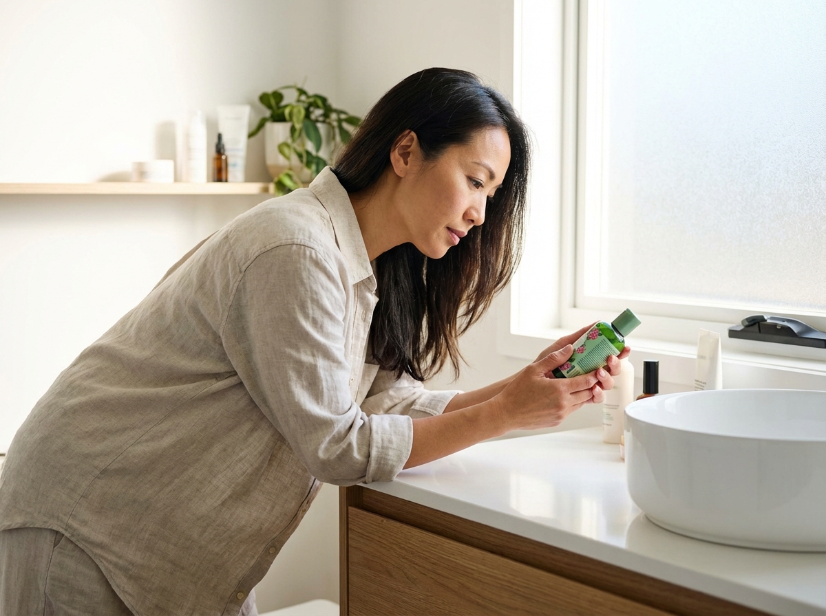 Phụ nữ đọc nhãn sản phẩm vệ sinh để chọn đúng thành phần