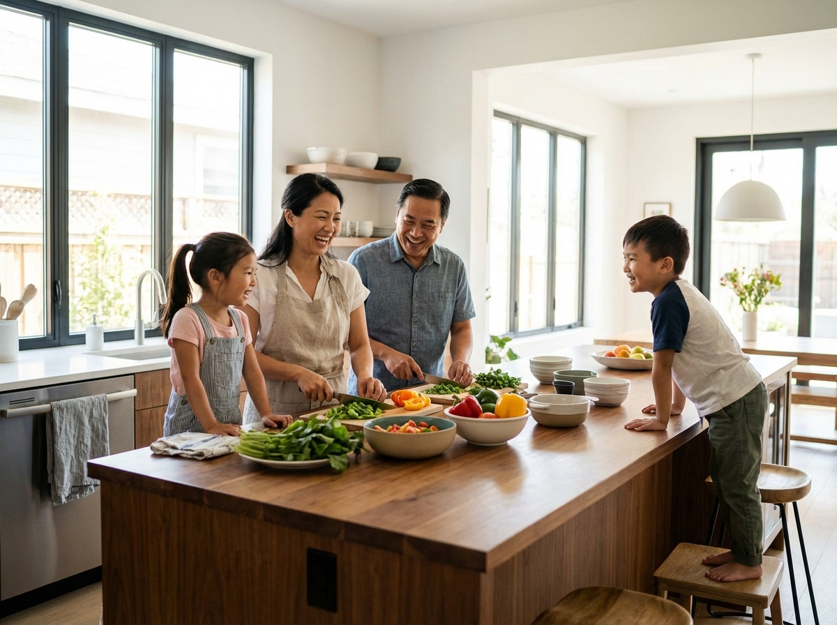 Gia đình cùng nhau nấu ăn lành mạnh trong bếp