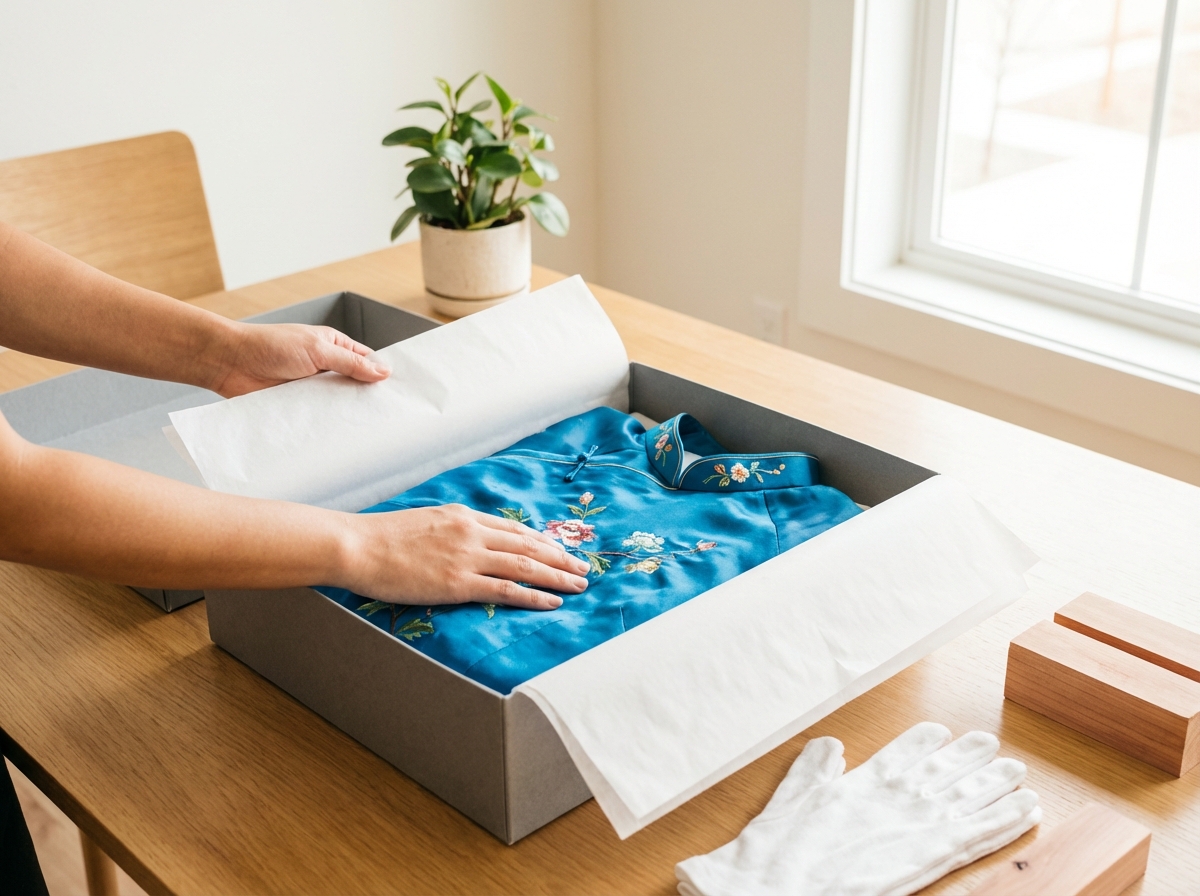 Áo dài gấp phẳng lót giấy lụa, cất vào hộp bảo quản