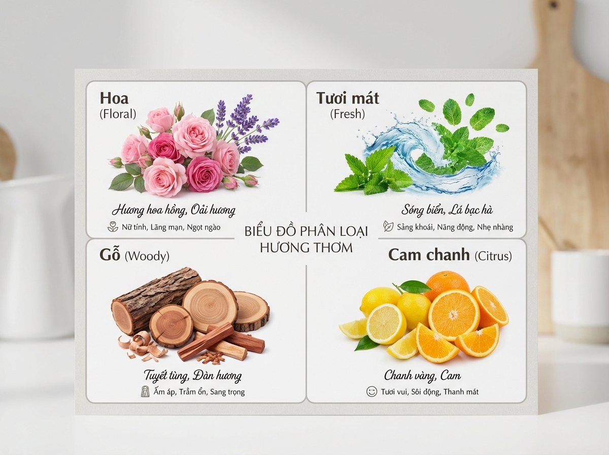 Bảng phân loại 4 dòng mùi hương nước giặt: hoa, tươi mát, gỗ, cam chanh
