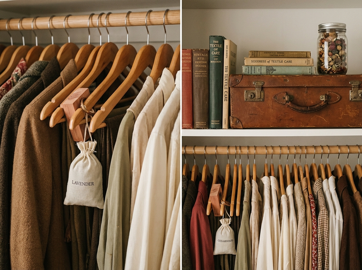 Tủ quần áo vintage được sắp xếp ngăn nắp với túi thơm bên cạnh