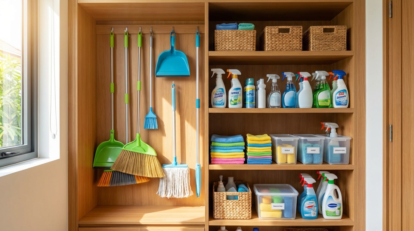 Dụng cụ vệ sinh nhà cửa sắp xếp gọn gàng