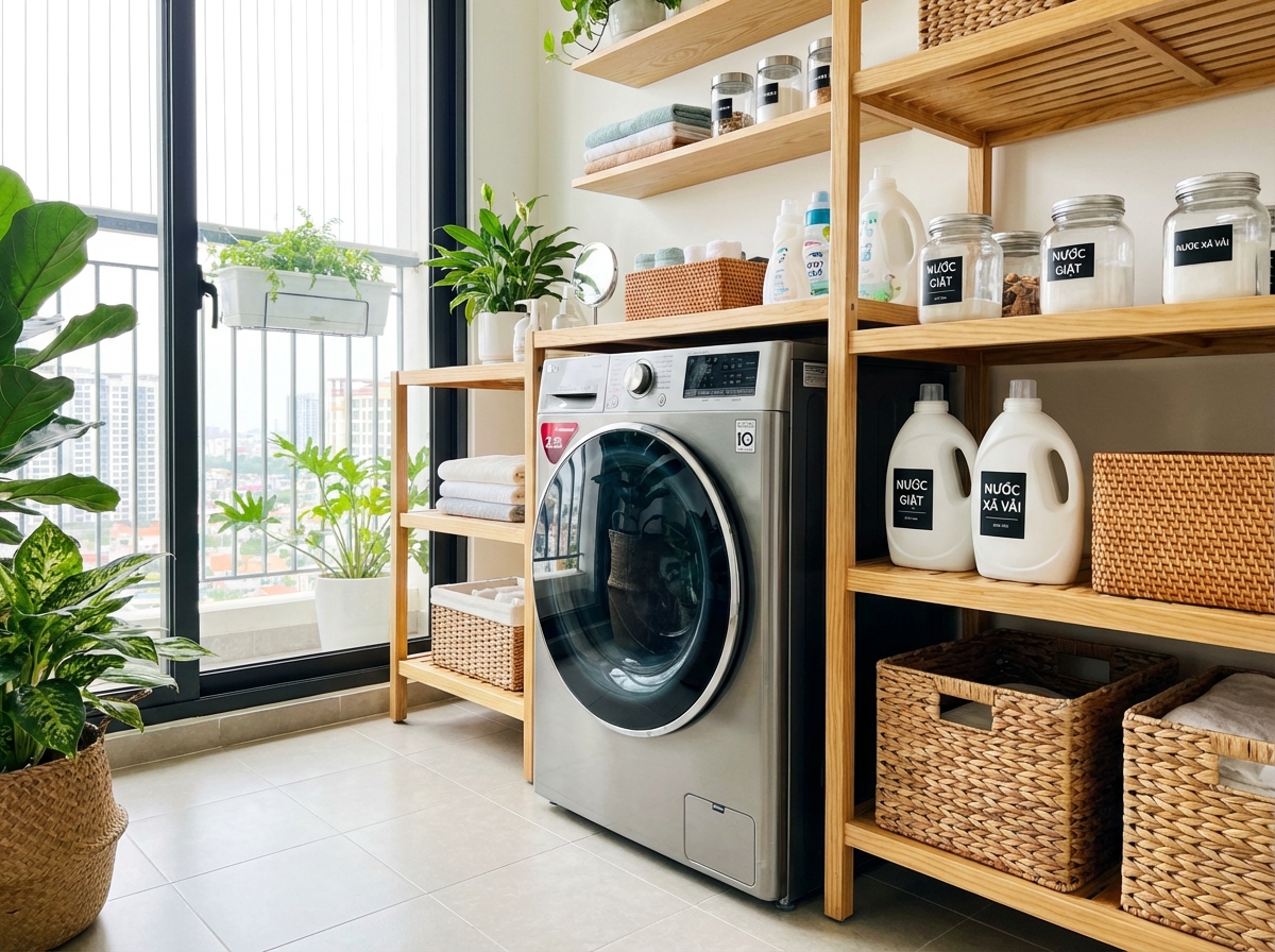 Máy giặt với nước giặt và nước xả bên cạnh, sẵn sàng giặt