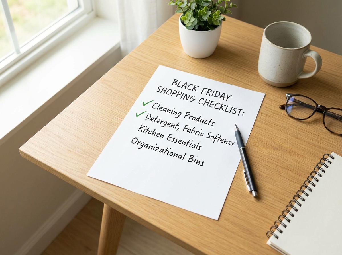 Checklist mua sắm Black Friday sản phẩm gia dụng trên giấy, đánh dấu từng mục
