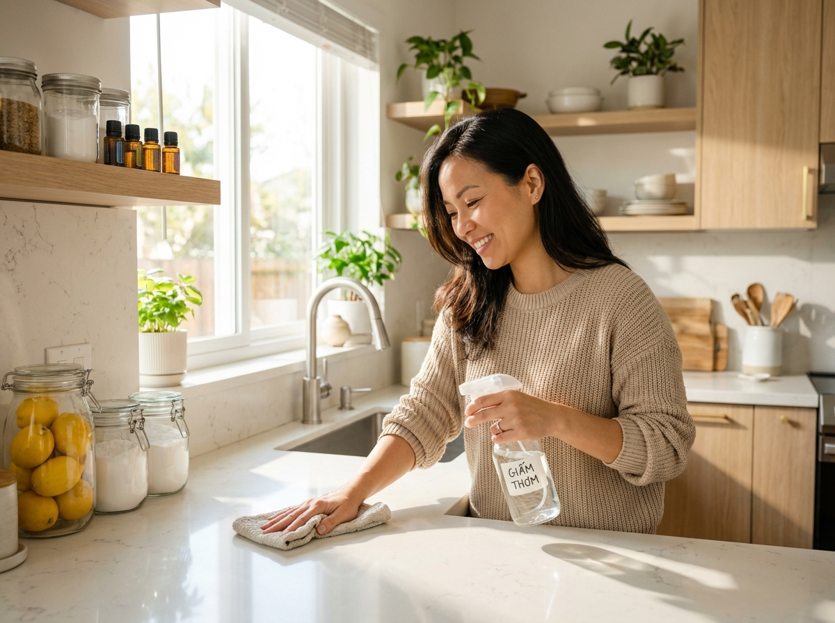 Chai xịt giấm tự pha đang được dùng lau bếp — sạch bóng và thơm mùi tự nhiên