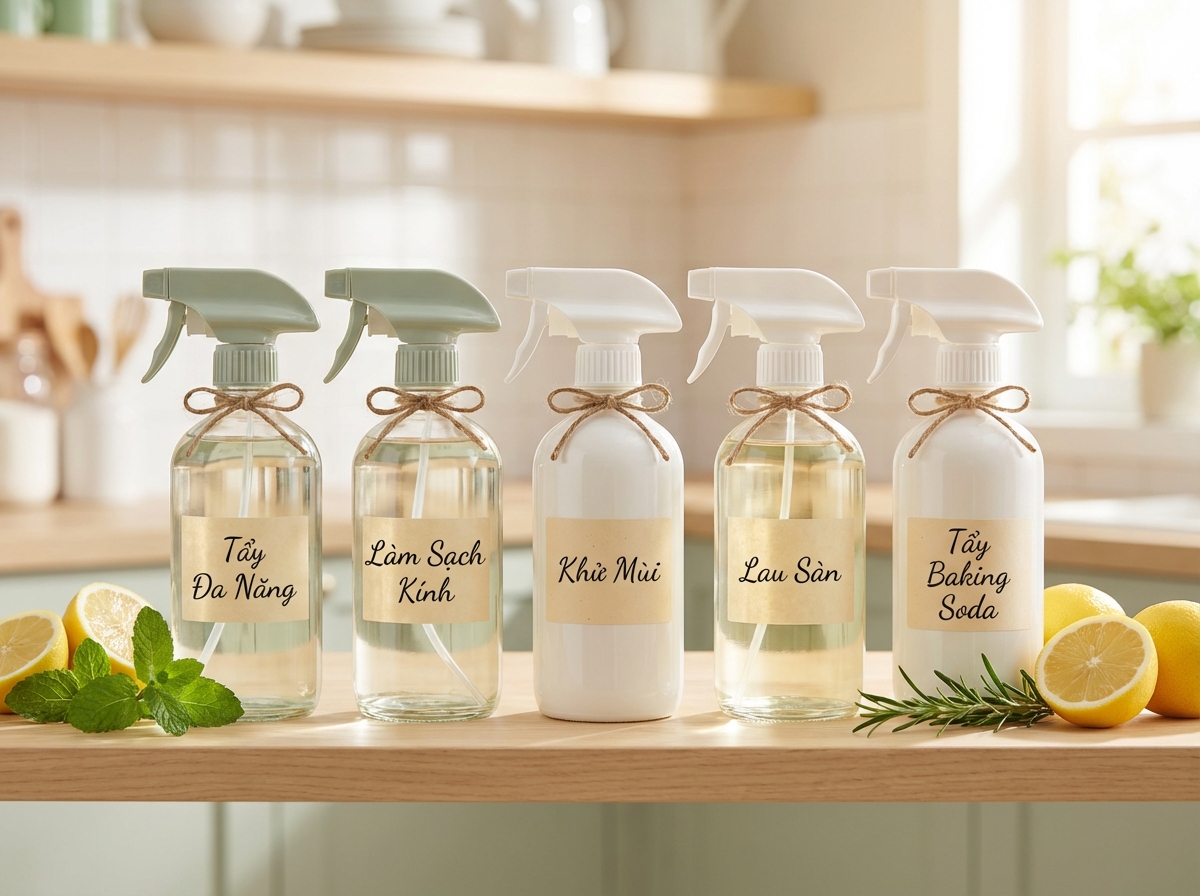 5 chai xịt tự pha gọn gàng trên kệ — mỗi chai một công dụng riêng