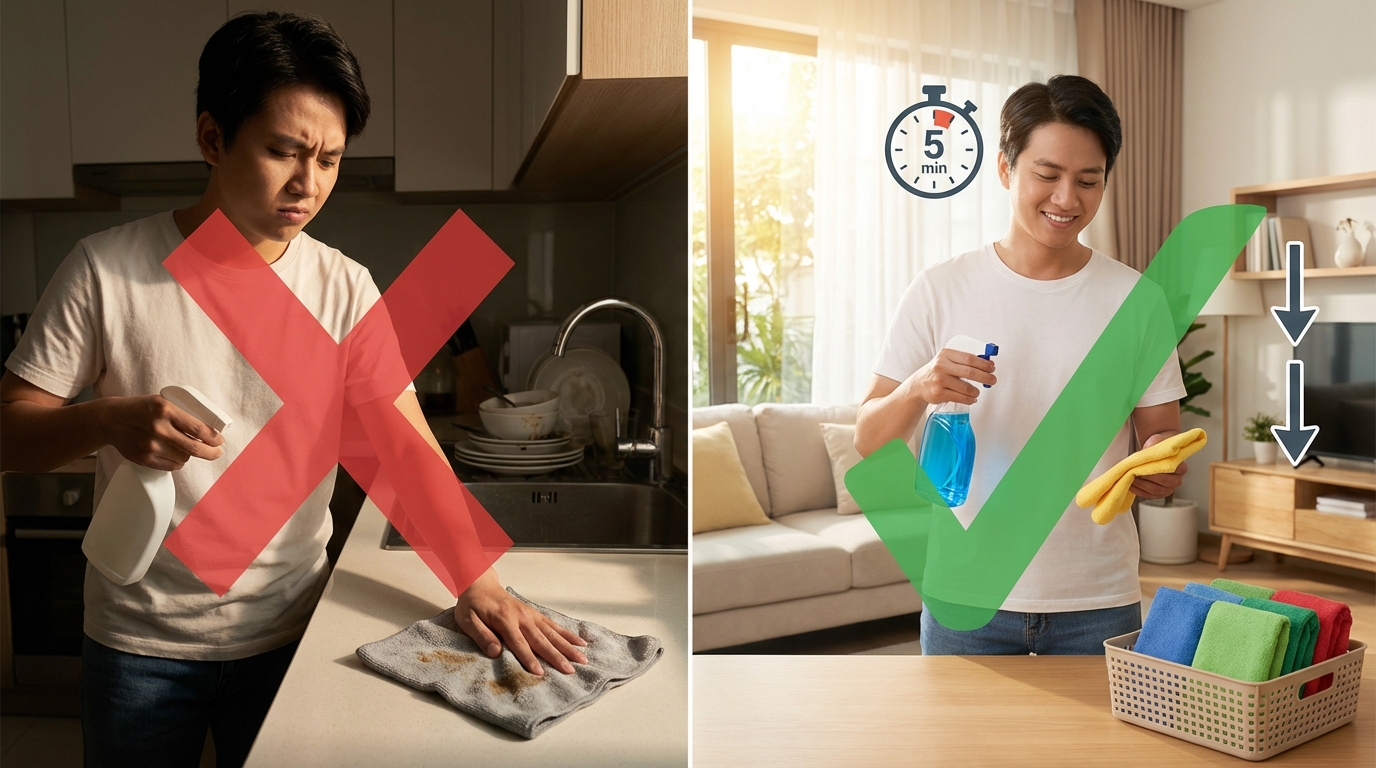 So sánh cách dọn nhà sai và đúng — nhà sạch hơn khi biết tránh 8 sai lầm phổ biến
