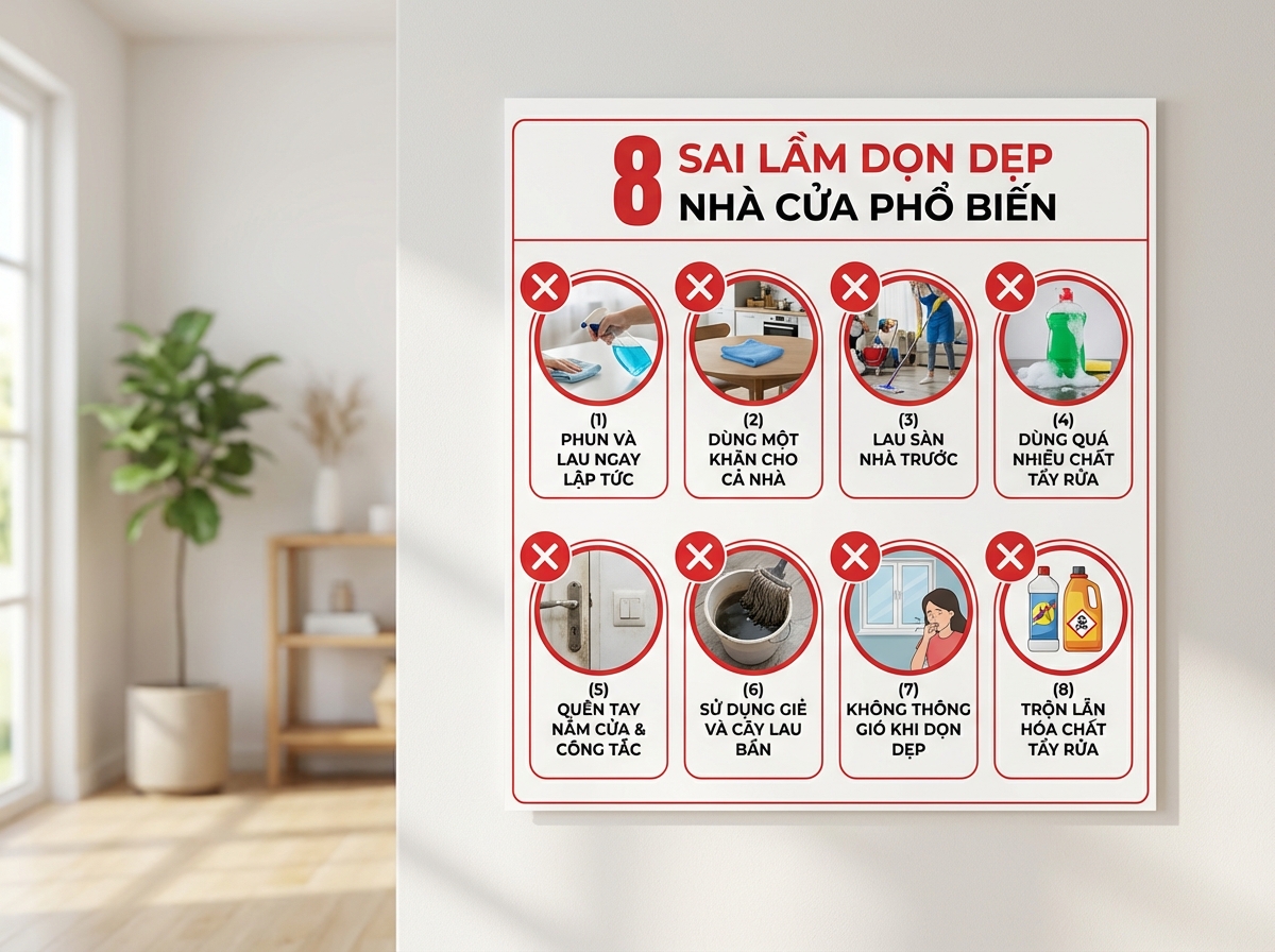 8 sai lầm dọn nhà phổ biến — từ xịt rồi lau ngay đến trộn hóa chất nguy hiểm