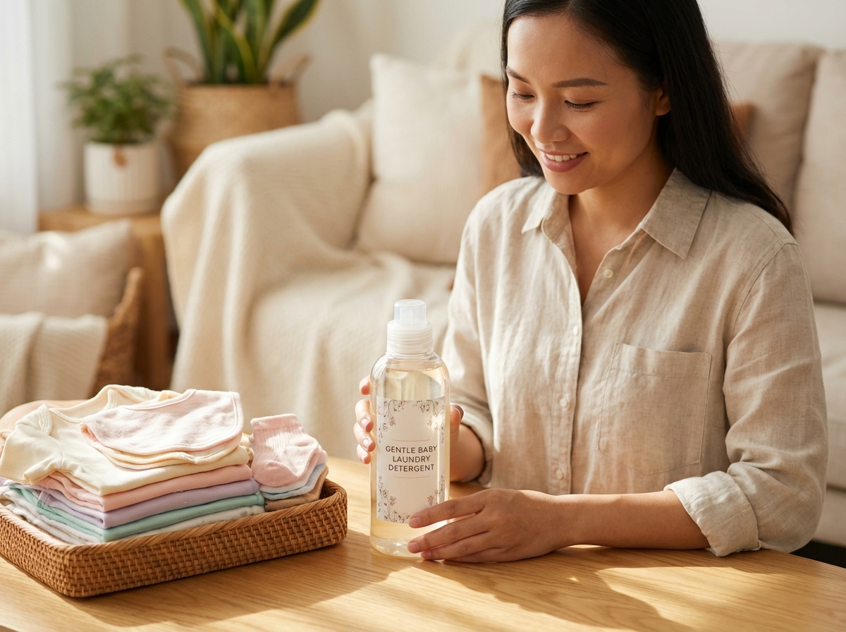 Mẹ cầm chai nước giặt dịu nhẹ mỉm cười bên cạnh quần áo bé sạch thơm