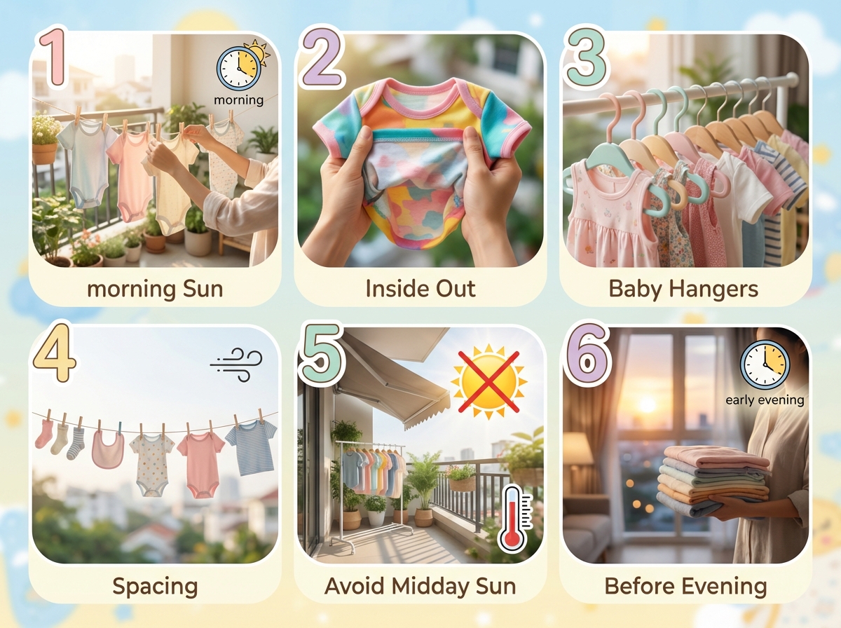Infographic 6 bước phơi đồ trẻ em đúng cách theo thứ tự
