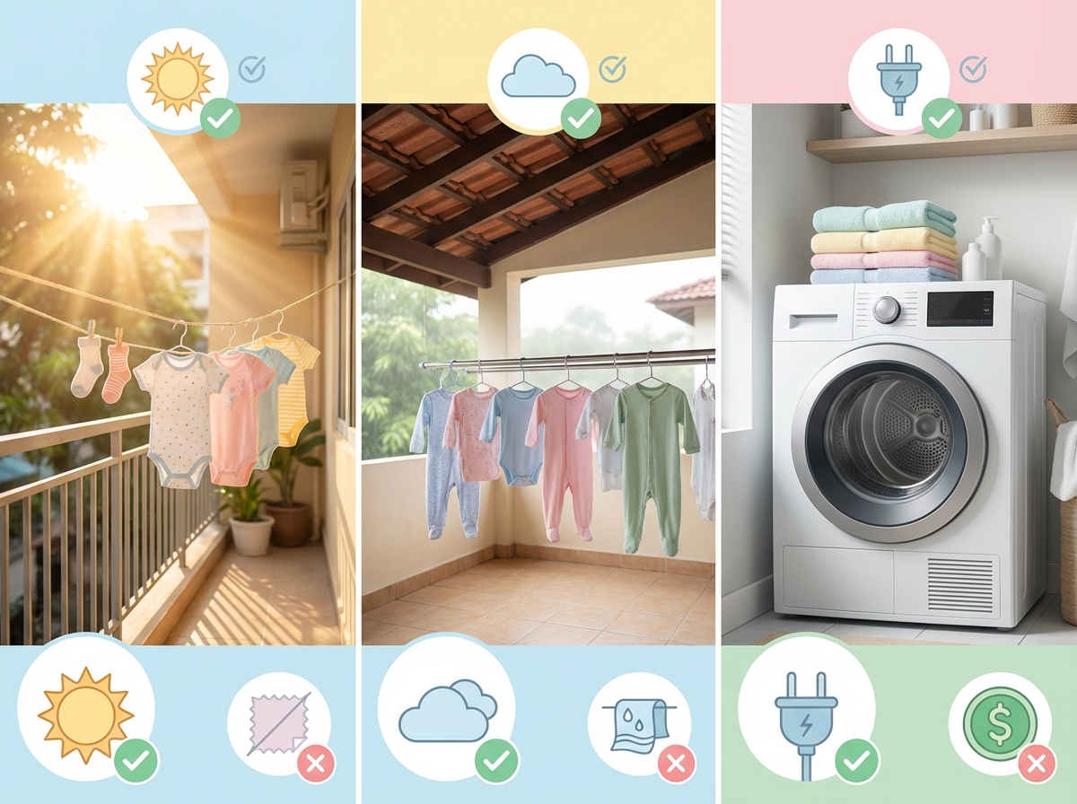 So sánh 3 phương pháp phơi đồ trẻ em nắng bóng râm và máy sấy