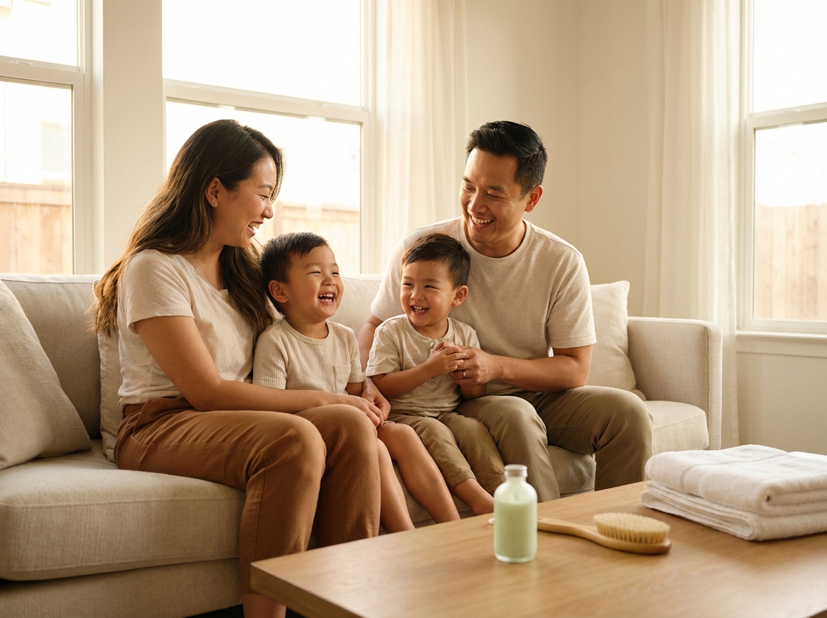 Gia đình Việt Nam vui vẻ với làn da khỏe mạnh trong ngôi nhà sạch sẽ