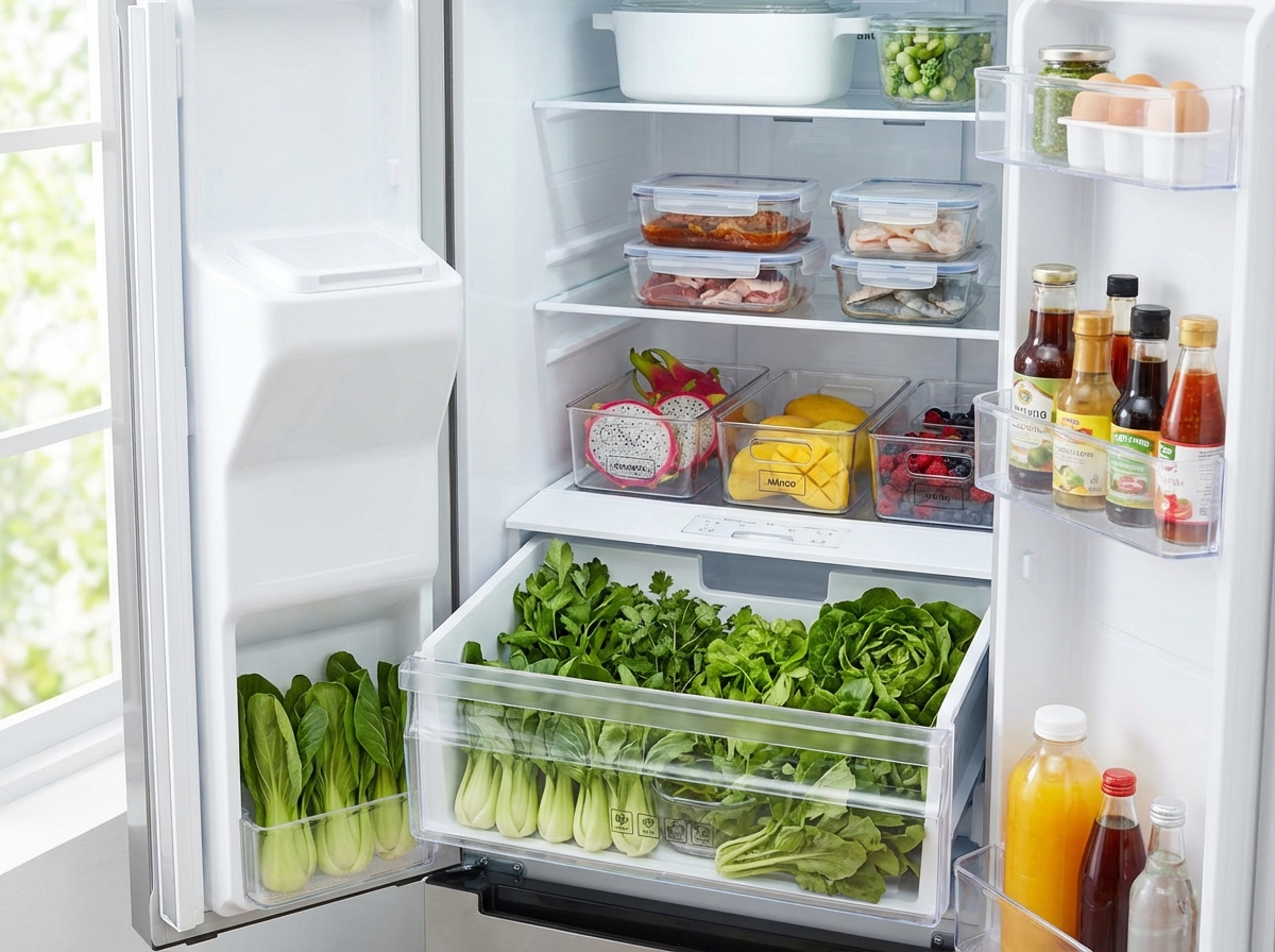 Tủ lạnh ngăn nắp với thực phẩm phân loại rõ ràng