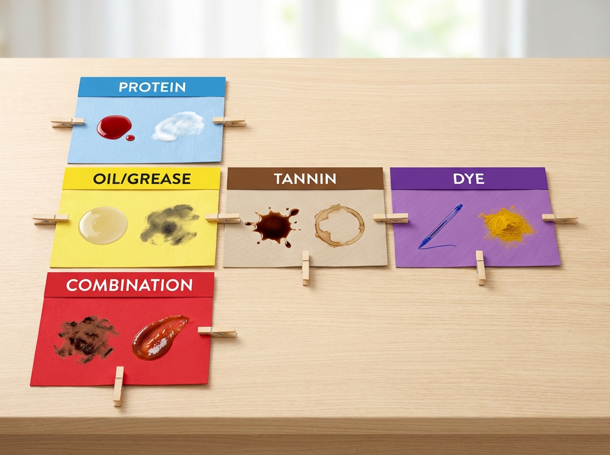 5 nhóm vết bẩn phổ biến: protein, dầu mỡ, tannin, thuốc nhuộm, hỗn hợp