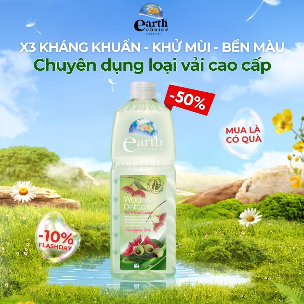 Nước Giặt Earth Choice 3in1 Hương bạċh Đàn Dịu Nhẹ, Làm Sạch Vết Bẩn, Lưu Hương 72h