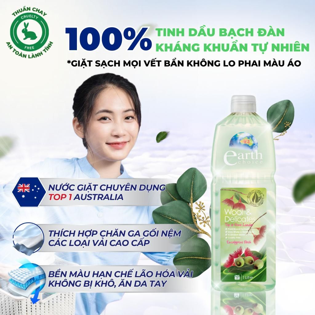 Nước Giặt Earth Choice 3in1 Hương bạċh Đàn Dịu Nhẹ, Làm Sạch Vết Bẩn, Lưu Hương 72h 2