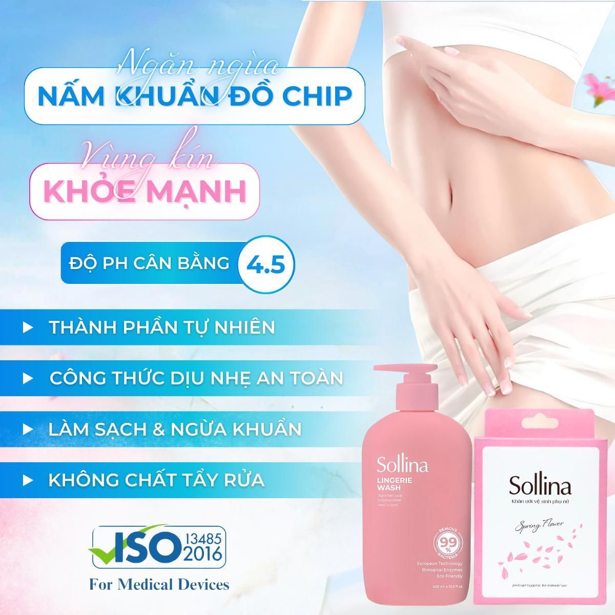 Combo Nước Giặt Đồ Lót Sollina Thơm Lâu Hồng 400ml Và Khăn Giấy Ướt Vệ Sinh Phụ Nữ Hồng 20 Gói/Hộp1 2