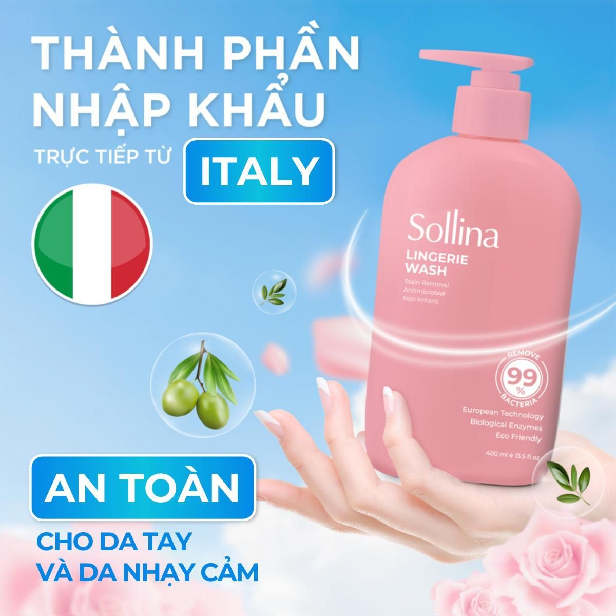 Combo Nước Giặt Đồ Lót Sollina Thơm Lâu Hồng 400ml Và Khăn Giấy Ướt Vệ Sinh Phụ Nữ Hồng 20 Gói/Hộp1 4