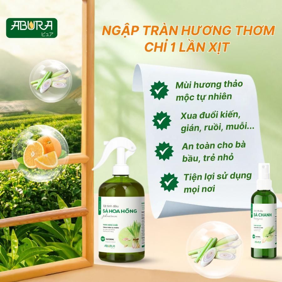 Bình Xịt Đuổi Muỗi, Gián, Kiến, Ruồi - Xịt Tinh Dầu Thơm Khử Mùi Sả Chanh ABURA 500ml 2
