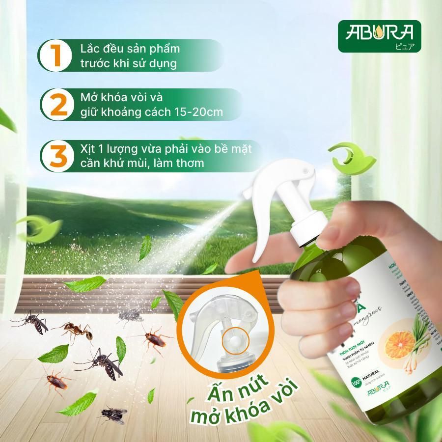 Bình Xịt Đuổi Muỗi, Gián, Kiến, Ruồi - Xịt Tinh Dầu Thơm Khử Mùi Sả Chanh ABURA 500ml 7