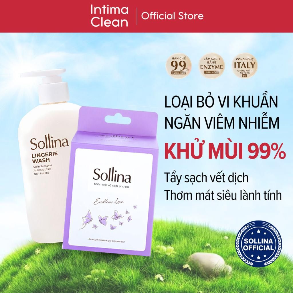Combo Nước Giặt Đồ Lót Sollina Thơm Lâu Vàng 400ml Và Khăn Giấy Ướt Vệ Sinh Phụ Nữ Tím 20 Gói/Hộp