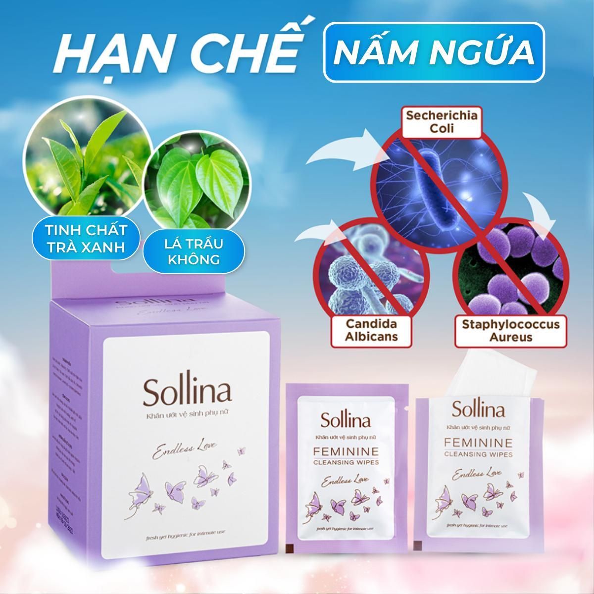 Combo Nước Giặt Đồ Lót Sollina Thơm Lâu Vàng 400ml Và Khăn Giấy Ướt Vệ Sinh Phụ Nữ Tím 20 Gói/Hộp 6