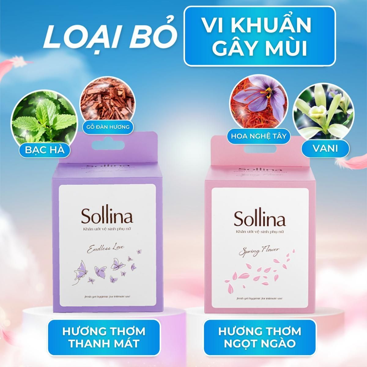 Combo Nước Giặt Đồ Lót Sollina Thơm Lâu Vàng 400ml Và Khăn Giấy Ướt Vệ Sinh Phụ Nữ Tím 20 Gói/Hộp 8