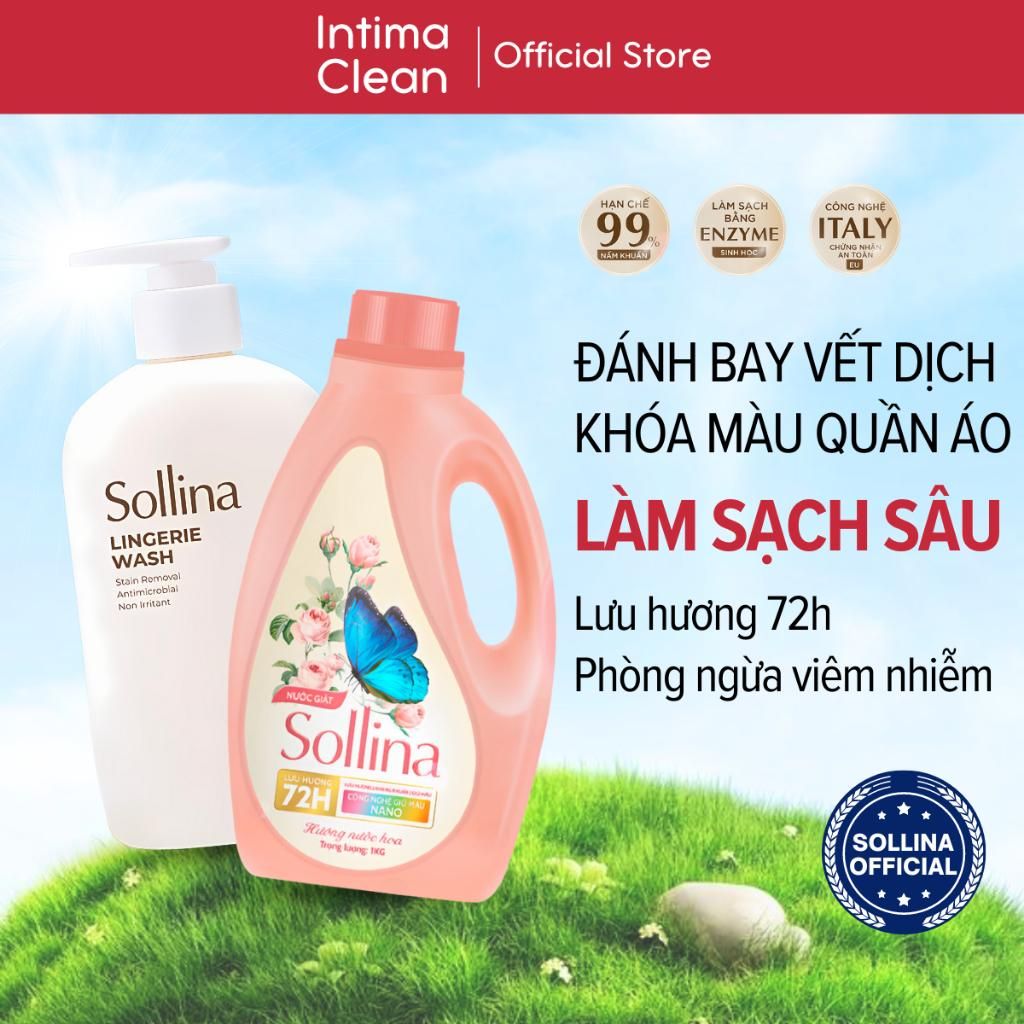 Combo 2 Nước Giặt Sollina Kháng Khuẩn 0.4L và 1L Thơm Lâu, Quần Lót Sạch Tinh Tươm 72H