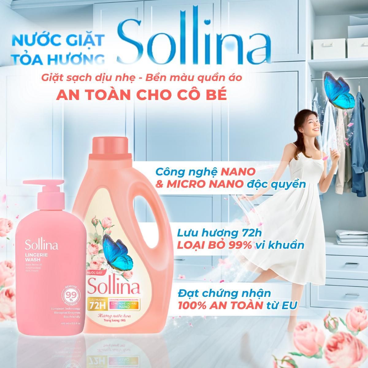 Combo 2 Nước Giặt Sollina Kháng Khuẩn 0.4L và 1L Thơm Lâu, Quần Lót Sạch Tinh Tươm 72H 2